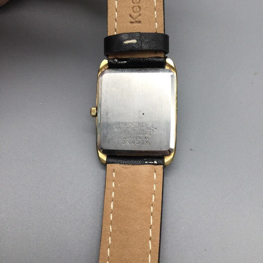 Seiko Mens Watch 25mm Gold Dial Gold Tone 6530-5200 Black Strap New Battery